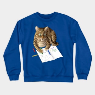 Coloring cat. Tabby cat with coloring book Crewneck Sweatshirt